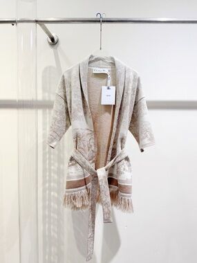 Authentic Christian Dior Beige Fringe Belted Cardigan